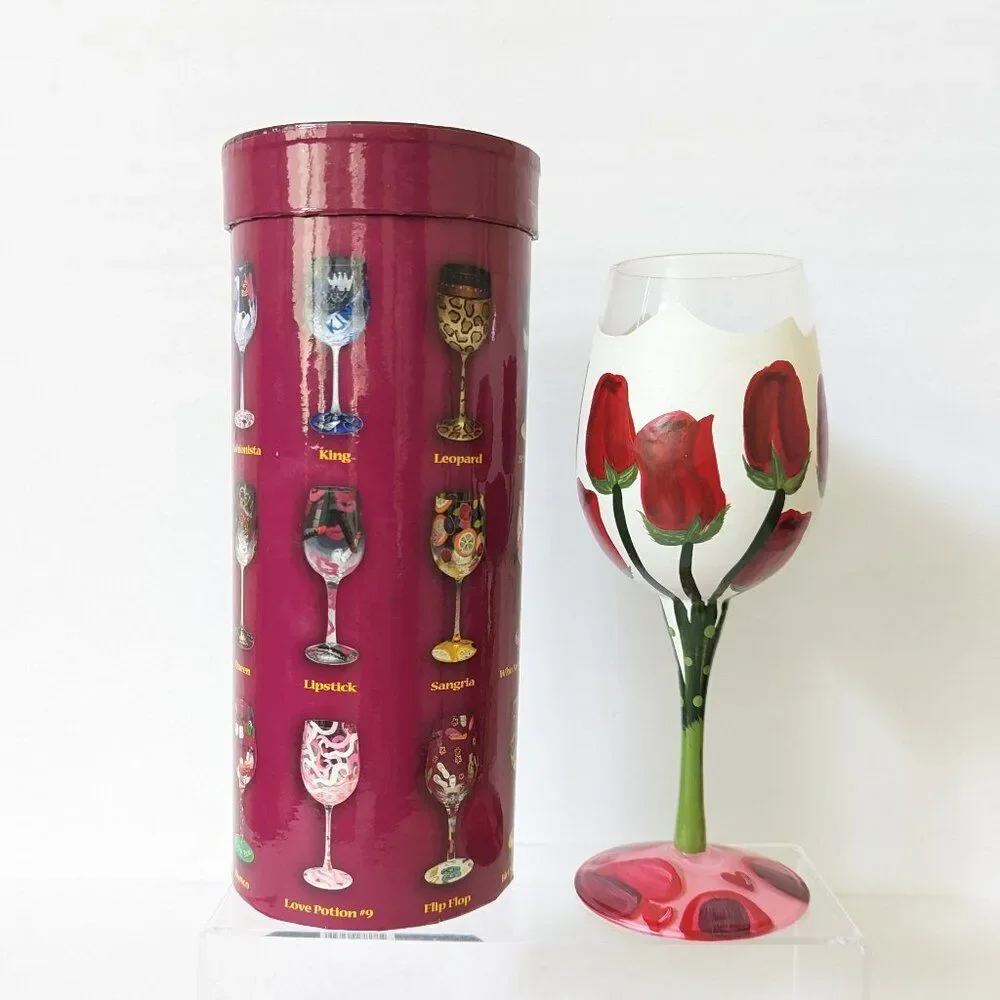 Lolita Hand Painted Wine Glass Red Roses Love My Wine Artisan Gift Box 15oz